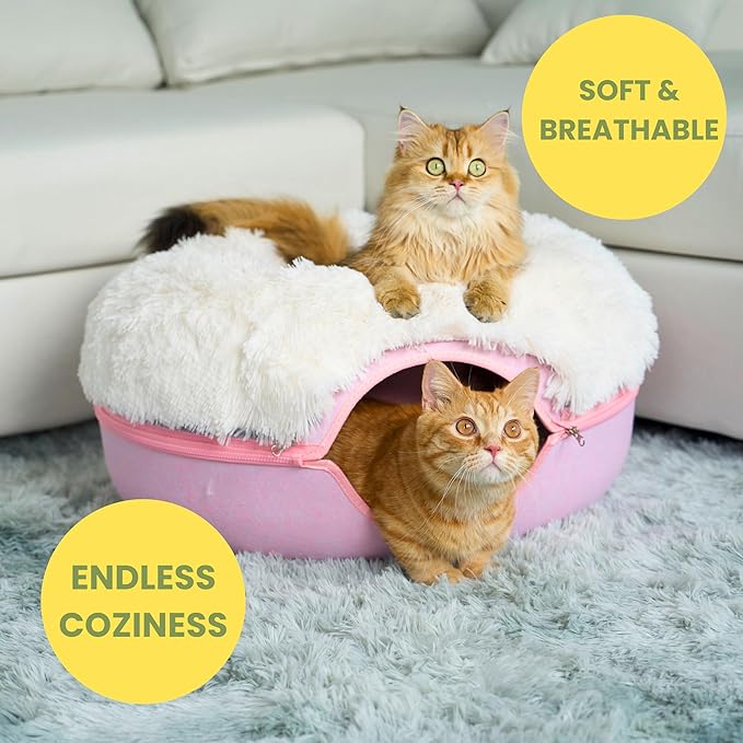 CATTASAURUS Peekaboo Cat Cave for Multiple &amp; Large Cats Up to 30-45 Lbs, Fluffy Cat Beds for Indoor Cats, Scratch Detachable &amp; Washable Tunnel Bed, Comfy Donut Cat Cave (Pink, Large (Calming))