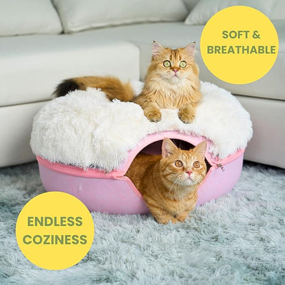 CATTASAURUS Peekaboo Cat Cave for Multiple &amp; Large Cats Up to 30-45 Lbs, Fluffy Cat Beds for Indoor Cats, Scratch Detachable &amp; Washable Tunnel Bed, Comfy Donut Cat Cave (Pink, Large (Calming))