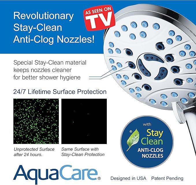 Hotel Spa AquaCare As-Seen-On-TV High Pressure Handheld/Rain 50-mode 3-way Shower Head Combo with Adjustable Arm - Anti-clog Nozzles, Tub &amp; Pet Power Wash, 6 ft. Hose, All Chrome Finish