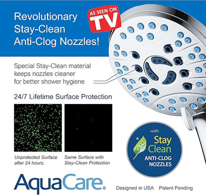 Hotel Spa AquaCare As-Seen-On-TV High Pressure 48-setting Rain &amp; Handheld 3-way Shower Head Combo - Anti-clog Nozzles/Tub, Tile &amp; Pet Power Wash/Extra Long 6 ft. Hose/All Chrome Finish