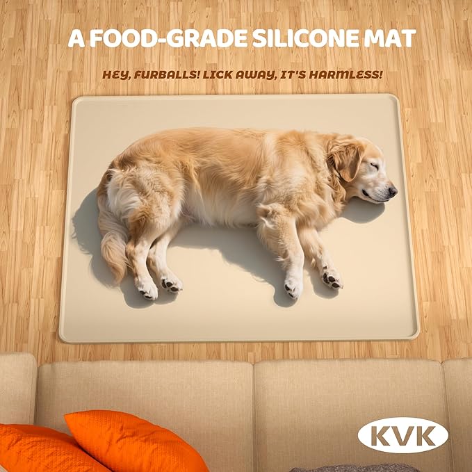 KVK Extra Extra Large Silicone Dog Food Mat 39.4×43.3in and 128oz Silicone Bag Set, Super Size Waterproof Pet Feeding Mat &amp; Container, Non-Slip, Chew-Resistant Floor Protection (Beige&amp;Yellow)