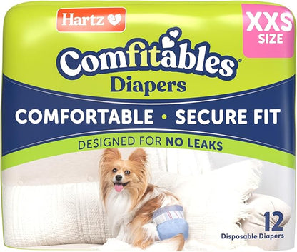 New! Hartz® Comfitables® Disposable Dog Diapers, Size XXS 12 Count, Comfortable &amp; Secure Fit, Easy to Put On, Super Absorbent Male and Female Diaper