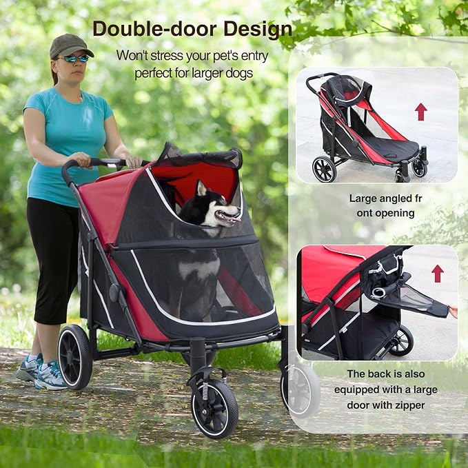 Dog Stroller for Medium/Large Dogs One-Click Folding, Extra Large Pet Stroller for 2 Dogs with Storage Pocket &amp; Shock Absorption, Up to 130 lbs, Red
