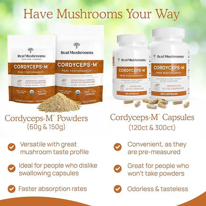 Real Mushroom Cordyceps Mushroom Powder - Cordyceps Mushroom Energy and Performance - Organic Cordyceps Powder with Beta-Glucans, Vegan Supplement, Non-GMO, 150 Servings