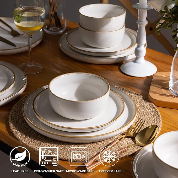 GBHOME Ceramic Dinnerware Sets for 4, 12 Pieces Stoneware Plates and Bowls Sets, Scratch Resistant Dishes, Dishwasher &amp; Microwave Safe, Reactive Glaze-White
