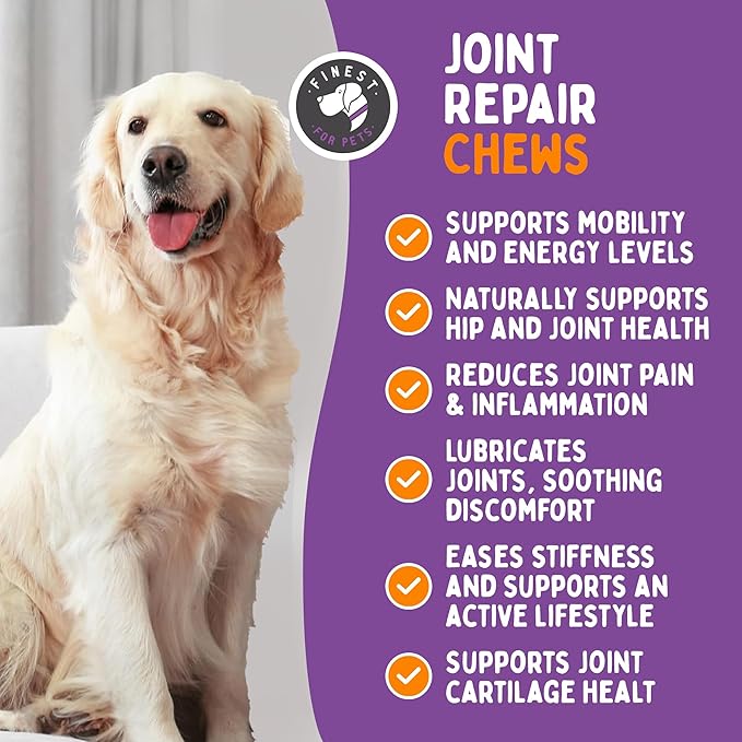 Joint Repair Hip and Joint Chews for Dogs - Finest for Pets Glucosamine, Chondroitin, MSM, Omega 3 &amp; Turmeric for Dog Joint Support, Mobility &amp; Pain Relief - (120 Chicken Flavored Chews, Made in USA)