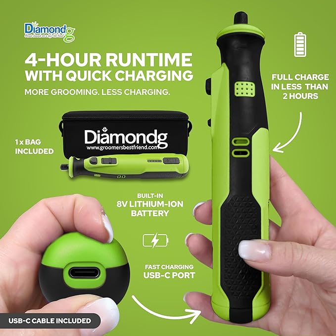 Diamondg Cordless Dog Nail Grinder with Quiet Sound &amp; LED Tip for Large &amp; Small Dogs, 4hrs. Runtime, 2 Bits Included, Green