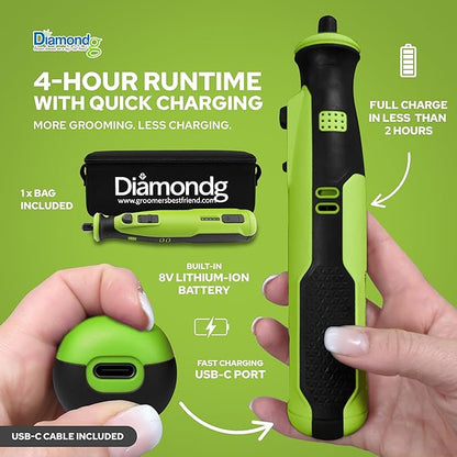 Diamondg Cordless Dog Nail Grinder with Quiet Sound &amp; LED Tip for Large &amp; Small Dogs, 4hrs. Runtime, 2 Bits Included, Green