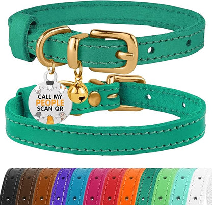 BRONZEDOG Leather Cat Collar with Removable Bells Non Breakaway Kitten QR Tag for Girl Boy (9" - 12" Cats/Mini Dogs, Green &amp; Gold)