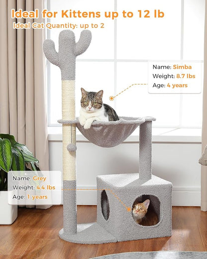Cactus Cat Tree Cat Scratching Post 40" Cat Tower with Large Metal Carpet Hammock, Cat Scratching Post for Indoor Cats with Condo&amp; Dangling Ball, Grey