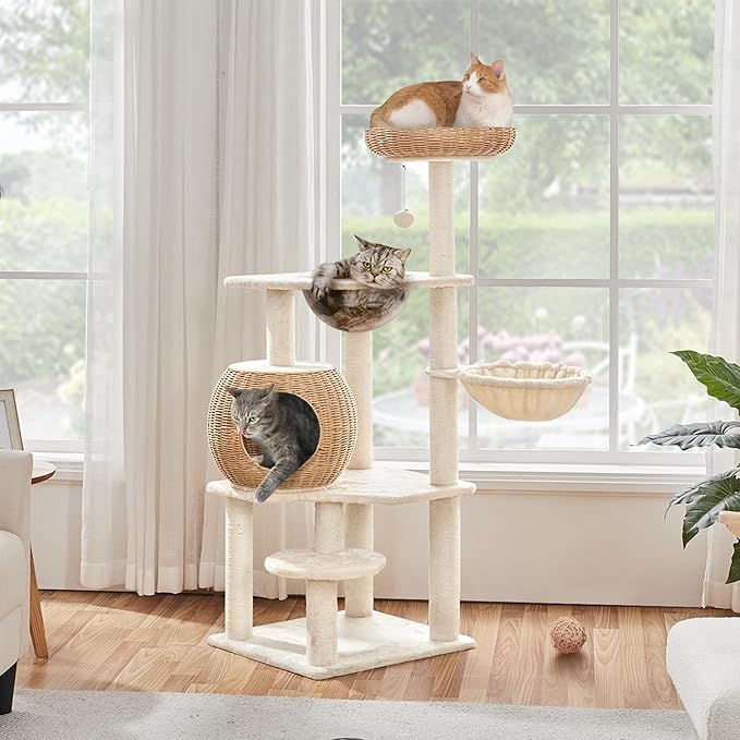Yaheetech 54in Rattan Cat Tree, Modern Tower with Breathable Woven Condo, Scratching Posts &amp; Washable Cushions, Naturally Cool in Summer, Cute Furniture for Indoor Cats