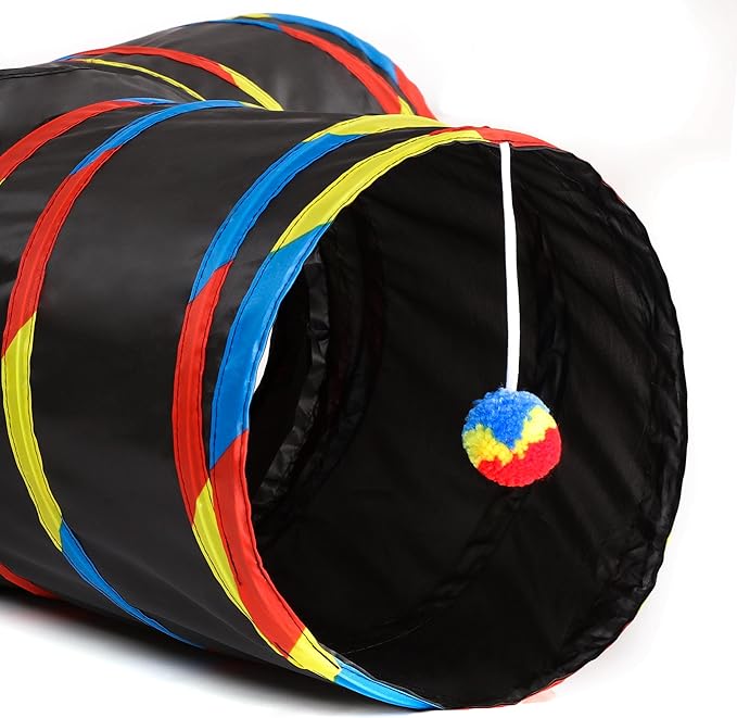 Tempcore 3 Way Collapsible Cat Tube Toys, Kitty Tunnel with Peek Hole Toy Ball, Black &amp; Rainbow