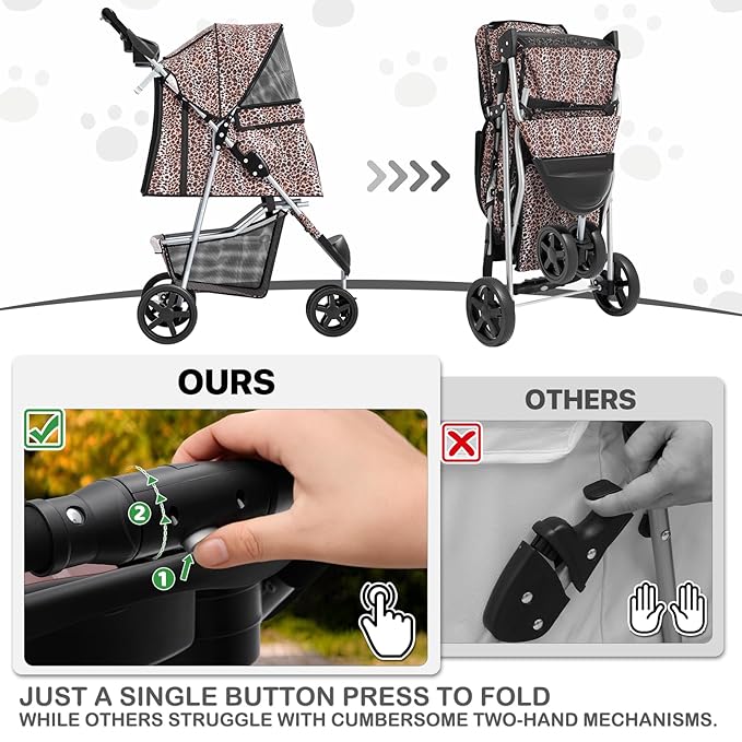 MoNiBloom 3 Wheels Pet Dog Cat Stroller for Small Medium Dogs Cats, Lightweight Foldable Jogger Stroller w/Storage Basket &amp; Cup Holder, Leopard Print