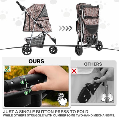 MoNiBloom 3 Wheels Pet Dog Cat Stroller for Small Medium Dogs Cats, Lightweight Foldable Jogger Stroller w/Storage Basket &amp; Cup Holder, Leopard Print