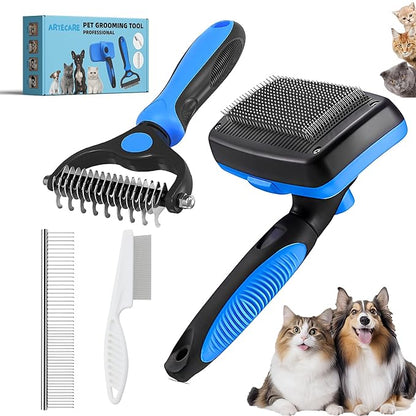 4 in 1 Cat Grooming Brush Self Cleaning Slicker Brush Dematting Tool for Dogs &amp; Cats Haired Pets Skin Friendly, Deshedding Tool, Suitable for Pet Supplies Accessories, Blue