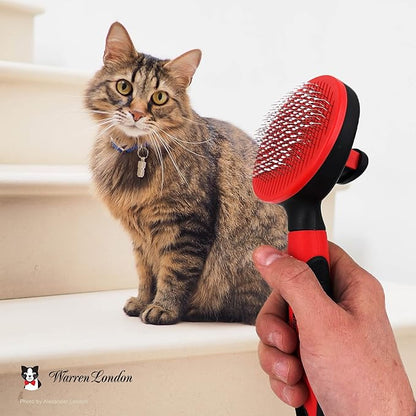 Warren London Self-Cleaning Cat Pin Brush | Push-Button Fur Ejector, Bead-Tipped Nylon Pins – Gentle Shedding &amp; Detangling for Cats, Kittens, Rabbits, Ferrets &amp; Small Dogs | Ergonomic Anti-Slip Grip