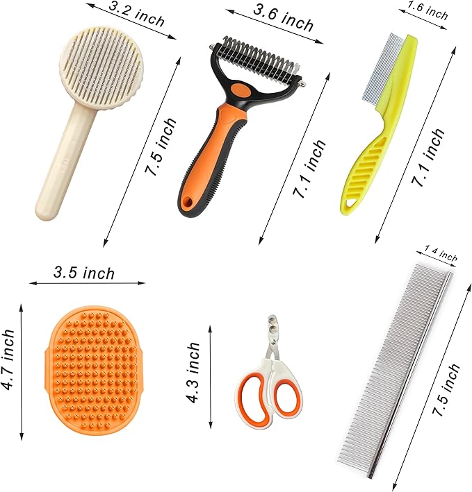 Cat Grooming Brush Kit 6 Tools - Deshedding &amp; Dematting for Long/Short Hair, Self-Cleaning Slicker Brush with 6-in-1 Flea Comb for Cats &amp; Kittens (Orange)
