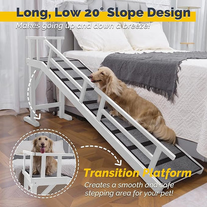 Dog Ramp for Bed or Couch, Wooden Pet Ramp with 20° Gentle Slope, Removable Side Rails, Non-Slip Surface, Top Platform &amp; Wheels, Safe Bed Ramp for Small, Medium &amp; Senior Dogs, 74" Long, White