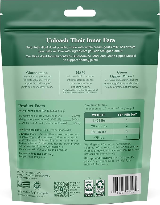 Fera Pets Goat Milk - Cat &amp; Dog Hip and Joint Support with Glucosamine, MSM &amp; Green Lipped Mussel - Supports Flexibility, Mobility &amp; Bone Health - for Picky Eaters - 60 TSP