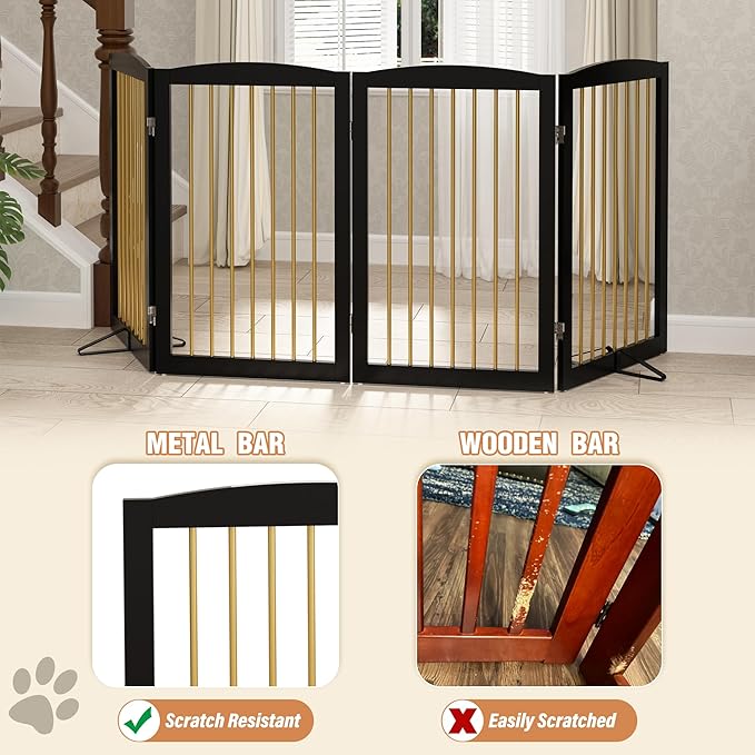 Freestanding Pet Gate for Dogs, Indoor Wooden Dog Gate for House, Foldable Dog Gate for Doorway, Stair, Step Over Pet Puppy Safety Fence Tall, 80 Inch Wide, 4 Panels 32", Black &amp; Gold