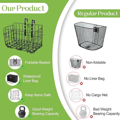 Aodaer Bike Basket with Removable Liner Bag Cargo Net Large Folding Bike Basket Quick Release Metal Ebike Basket Bicycle Storage Basket for Carrying Fruit &amp; Grocery Pets Dogs