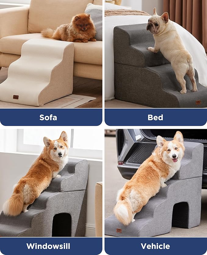 Beige Curved Dog Stairs Ramp for Small Dogs &amp; Cats 22.8" H, 4-Step Dog Steps for Couch Sofa and Chair, Pet Stairs for Cats, Non-Slip Balanced Pet Steps