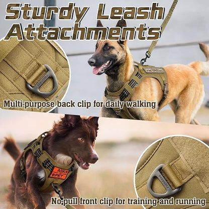 rabbitgoo Tactical Dog Harness for Large Dogs, No Pull Military Service Vest with Handle &amp; Molle, Easy Control for Training Walking, Adjustable Reflective Straps, Brown, L