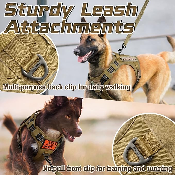 rabbitgoo Tactical Dog Harness for Large Dogs, No Pull Military Service Vest with Handle &amp; Molle, Easy Control for Training Walking, Adjustable Reflective Straps, Brown, XL