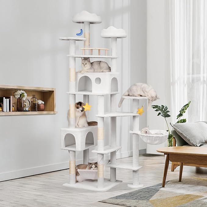 85in Tall Cat Tower for Heavy Duty Big Cats, Large Cat Tree with Scratching Post, Plush Perches, Cozy Cat Condos &amp; Hanging Hammocks for Maine Coon, White