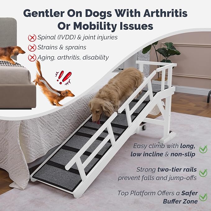 Dog Ramp for Bed or Couch, Wooden Pet Ramp with 20° Gentle Slope, Removable Side Rails, Non-Slip Surface, Top Platform &amp; Wheels, Safe Bed Ramp for Small, Medium &amp; Senior Dogs, 60" Long, White