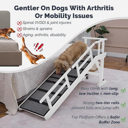 Dog Ramp for Bed or Couch, Wooden Pet Ramp with 20° Gentle Slope, Removable Side Rails, Non-Slip Surface, Top Platform &amp; Wheels, Safe Bed Ramp for Small, Medium &amp; Senior Dogs, 60" Long, White