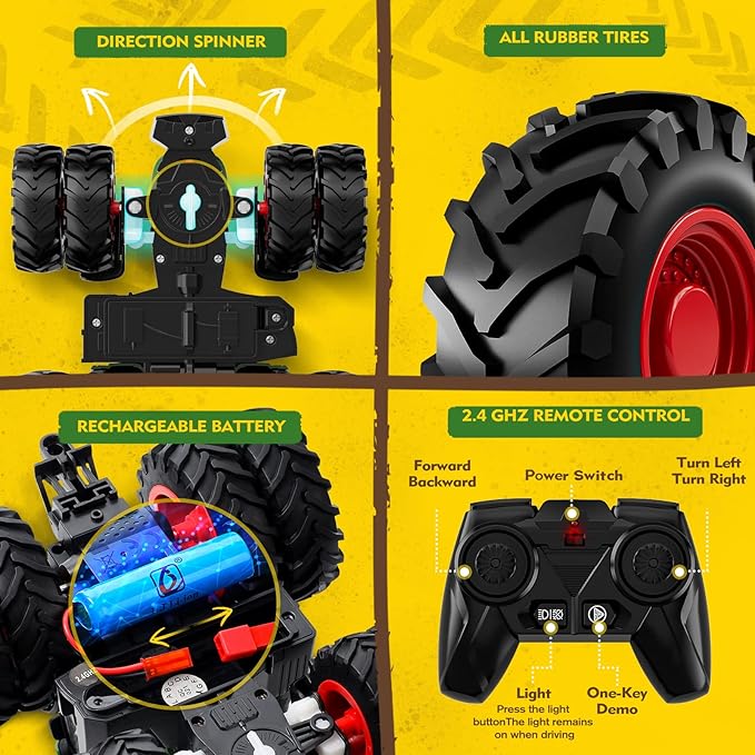 Remote Control Tractor Toy, Kids RC Tractor Set &amp; Truck and Trailer Front Loader - Metal Car Head/8 Wheel/Light, Toddlers Farm Vehicle Toys for 3 4 5 6 7 8 9 Year Old Boys Girls Birthday Gift