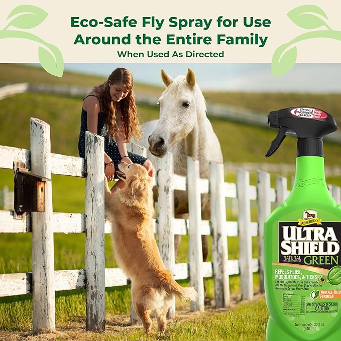 Absorbine UltraShield Green All-Natural Fly &amp; Insect Repellent for Horses &amp; Dogs, Essential Oils Repel &amp; Control, 32oz Spray Bottle