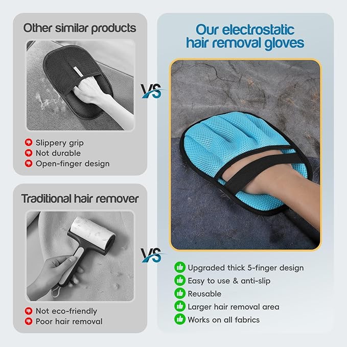 Pet Hair Removal for Dogs &amp; Cats,Upgraded Thickened 5-Finger Design, Reusable Electrostatic Pet Hair Remover Glove, Quickly Lifts Pet Hair from Laundry,Sofas,Beds, Carpets, 1PCS