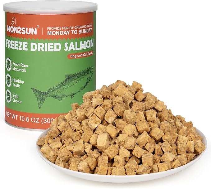 MON2SUN Freeze Dried Salmon Cat and Dog Treats, Single Ingredient Natural and Healthy Dog Snacks, High Protein Training Treats &amp; Food Topper, 10.6oz