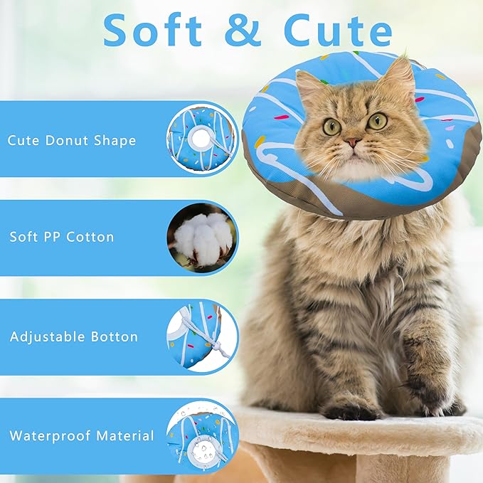 Cat Cone Collar Soft, Adjustable Cat Recovery Collar Kitten Cones to Stop Licking, Cute Donut E Collar After Surgery, Cats Neck Pillow Elizabethan Cones of Shame (Waterproof Blue, Large)