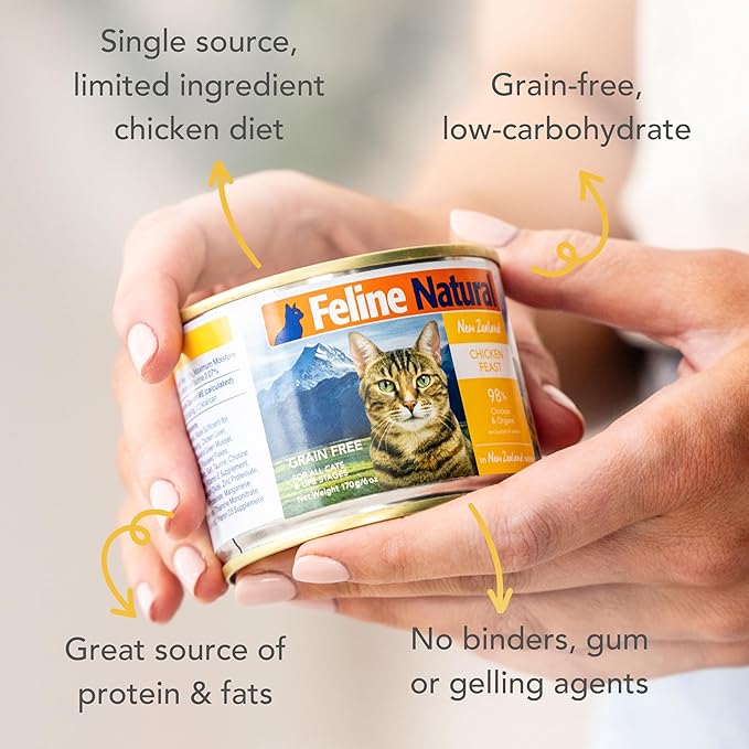 Feline Natural New Zealand Canned Catfood Wet Food, High-Meat, Low-Carb, &amp; Grain Free Cat Food Wet, Chicken Feast, 6 oz, Pack of 12