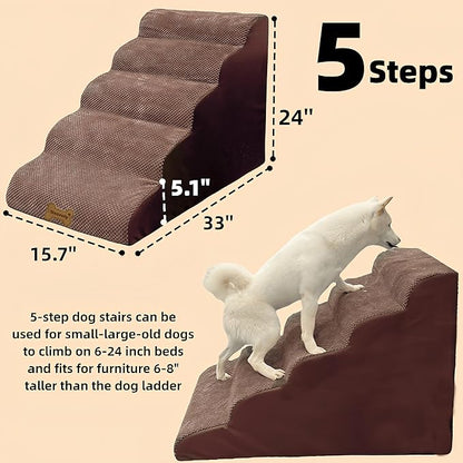 Dog Stairs &amp; Pet Ramp for Small/Large Dogs to High Beds/Couches - 5 Steps 24-inch Height for 18-30 inch Furniture, 2 Washable Covers (Brown, Grey), Non-Slip Balanced 33D Design for Old Dogs &amp; Cats