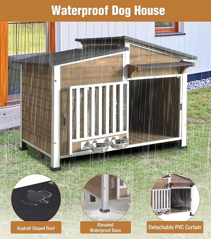 GUTINNEEN Dog House Outdoor with Anti-Chewing Metal Frame, Wooden Dog Kennel with 360° Rotating Feeding Bowl, Weatherproof Roof, for Indoor &amp; Outdoor Use - Brown