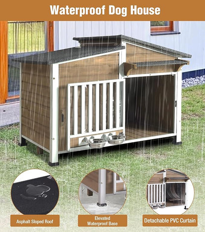 GUTINNEEN Dog House Outdoor with Anti-Chewing Metal Frame, Wooden Dog Kennel with 360° Rotating Feeding Bowl, Weatherproof Roof, for Indoor &amp; Outdoor Use - Brown