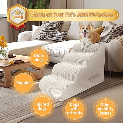 PAWSCART Dog Stairs for Small Dogs and Cats, 4-Step Dog Steps for Bed, 19.6" H Pet Stairs for High Bed, Pet Ramp for Couch, Sofa, Non-Slip Surface Removable Washable Cover, Beige