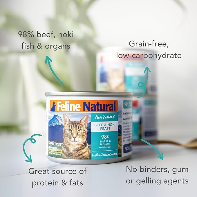 Feline Natural New Zealand Canned Catfood Wet Food, High-Meat, Low-Carb, &amp; Grain Free Cat Food Wet, Beef &amp; Hoki Feast, 6 oz, Pack of 12
