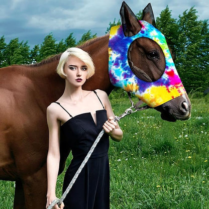 Chunful 6 Pcs Horse Fly Masks with Ears Smooth and Comfortable Cashel Mesh Fly Mask Elasticity Breathability UV Protection Horse Face Covering for Riding Supplies(Tie Dye,Medium)