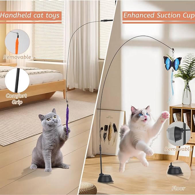 Suction Cup Cat Toys,Interactive Cat Wand with 15Pcs (Feather, Mouse, Butterfly, Worm),Durable Cats Fishing Pole Toy for Indoor Kittens,Fun Stick Toy for Exercise&amp;Play