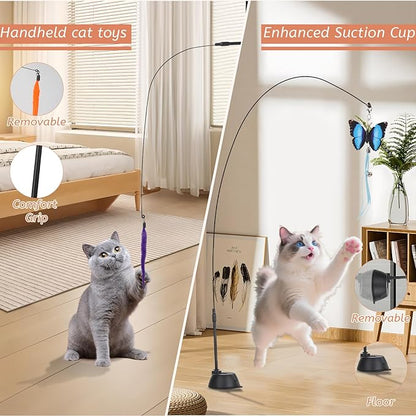 Suction Cup Cat Toys,Interactive Cat Wand with 15Pcs (Feather, Mouse, Butterfly, Worm),Durable Cats Fishing Pole Toy for Indoor Kittens,Fun Stick Toy for Exercise&amp;Play
