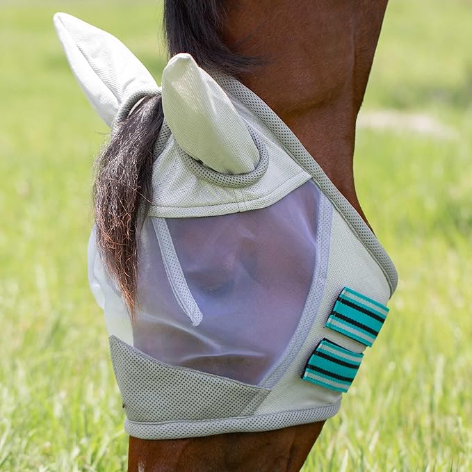 Equinavia Algard Soft Mesh Horse Fly Mask with Ear Protection and 45 UPF Rating | No Eye Irritation &amp; UV Protection - Silver/Turquoise - Warmblood
