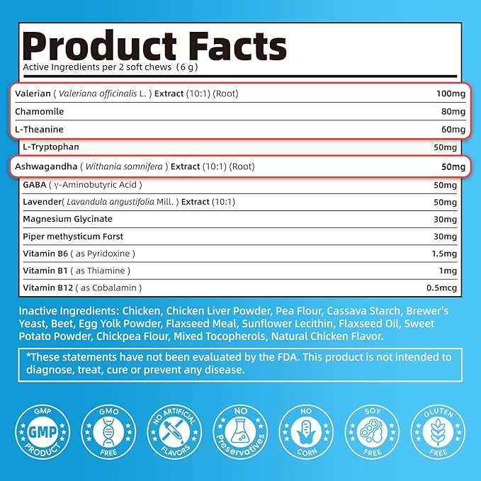 Calming Chews for Dogs – Calming Treats for Anxiety, Stress, Separation, Travel&amp;Thunder, Relaxation &amp; Focus Support with L-Theanine, Valerian Root, Chamomile &amp; Ashwagandha, Chicken Flavor, 90Ct