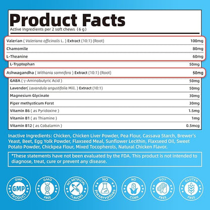 Calming Chews for Dogs – Calming Treats for Anxiety, Stress, Separation, Travel&amp;Thunder, Relaxation &amp; Focus Support with L-Theanine, Valerian Root, Chamomile &amp; Ashwagandha, Chicken Flavor, 90Ct