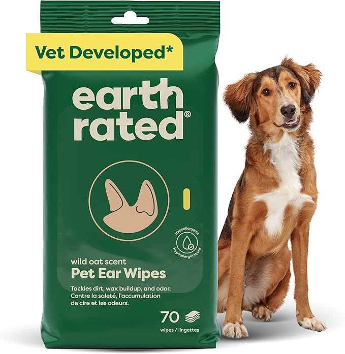Earth Rated Vet-Developed Pet Ear Wipes, Hypoallergenic Cleaner for Dogs &amp; Cats Ears to Remove Dirt and Wax Build Up, Wild Oat Scent, 70 Count