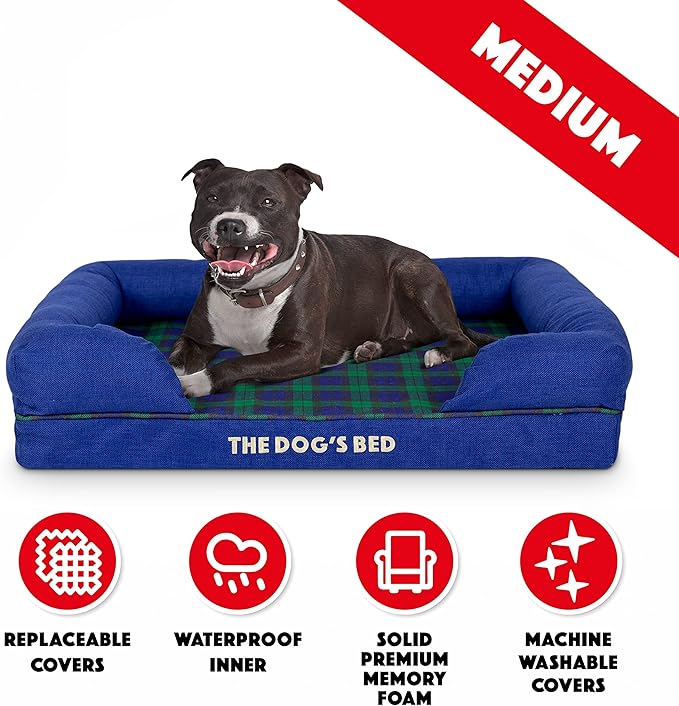 The Dog’s Bed, Med Black Watch Tartan 30x23.5, Memory Foam, Pain Relief: Arthritis, Hip &amp; Elbow Dysplasia, Post Surgery, Lameness, Supportive, Calming, Waterproof Washable Cover, Veterinary Approved